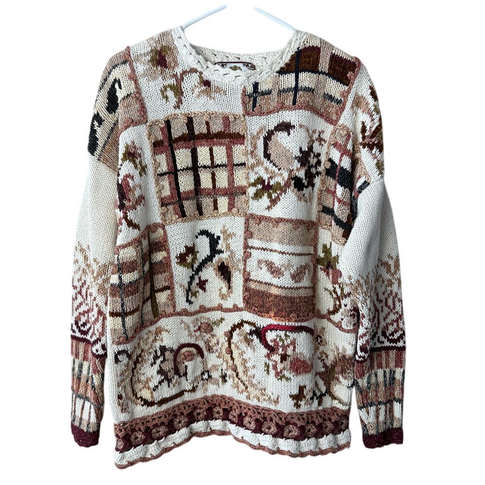 Vintage 90s Tiara International Sweater Womens Size L Multi Ramie Floral Chunky